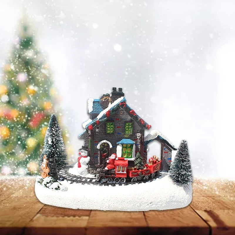 Glowing Christmas Small Train Village House, Luminous Landscape, Snow Figurines, Resin Desktop Ornament, Decoration, F19B