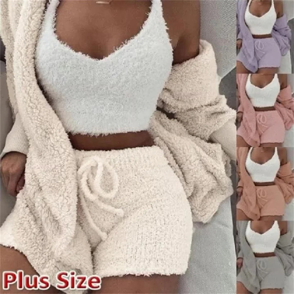 Women's Winter Plush Home Wear Casual 3-piece Pajamas Long-Sleeved Umbilical Vest Shorts Suit