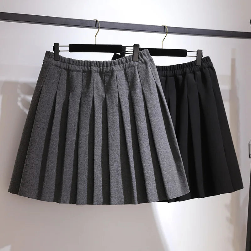 New Ladies Autumn Winter Plus Size Mini Skirt For Women Large A-line Black Gray Woolen Thick Pleated Skirts 3XL 4XL 5XL 6XL 7XL