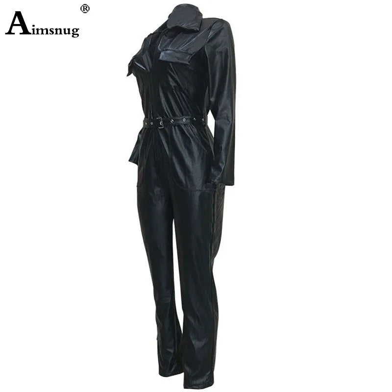 Damenmode High Waist PU Leder Jumpsuits Schnürung Skinny Bodysuits Mädchen Reißverschluss Kunstleder Frühling Winter Sexy Overalls