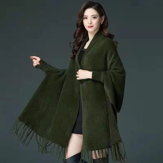 Winter Warm Long Knitted Faux Mink Velvet Thick Poncho Cape Cashmere Loose Women Batwing Sleeves Cardigan Shawl Tassel Cloak