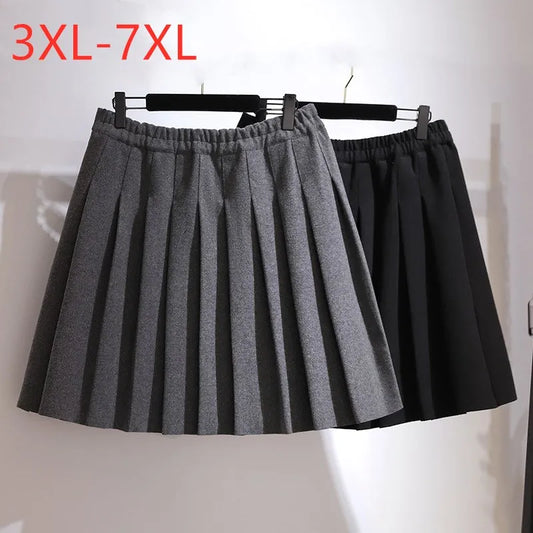 New Ladies Autumn Winter Plus Size Mini Skirt For Women Large A-line Black Gray Woolen Thick Pleated Skirts 3XL 4XL 5XL 6XL 7XL