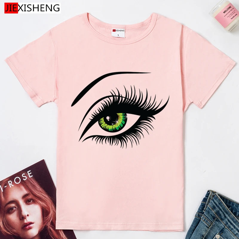 2021 sommer T shirt Frauen Tops Tees Kurzarm Baumwolle Großen Augen Drucken T-shirt Lustige T-shirt Frau Kleidung