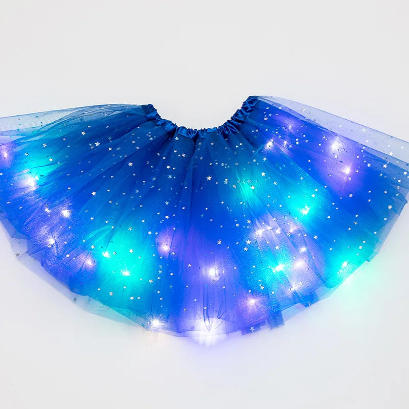 LED leuchtendes Licht Damen Tüllrock mit Stern, kurzer Tutu-Minirock für Erwachsene, ausgefallene Ballett-Tanzkleidung, Party-Kostüm, Ballkleid, Minirock