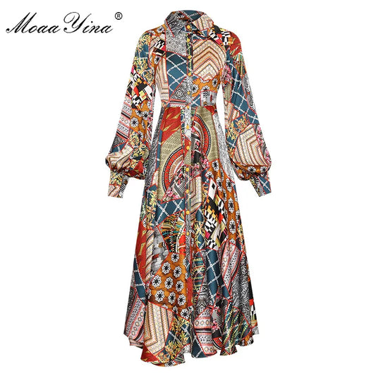 MoaaYina Designer Women Spring Summer Lapel Single Breasted Lantern Long Sleeve Vintage Print Dress