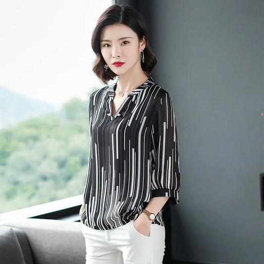 Damen Frühling Sommer Stil Chiffon Blusen Blusen Shirt Damen Gestreift V-Ausschnitt Dreiviertel Ärmel Casual Loose Tops SP015