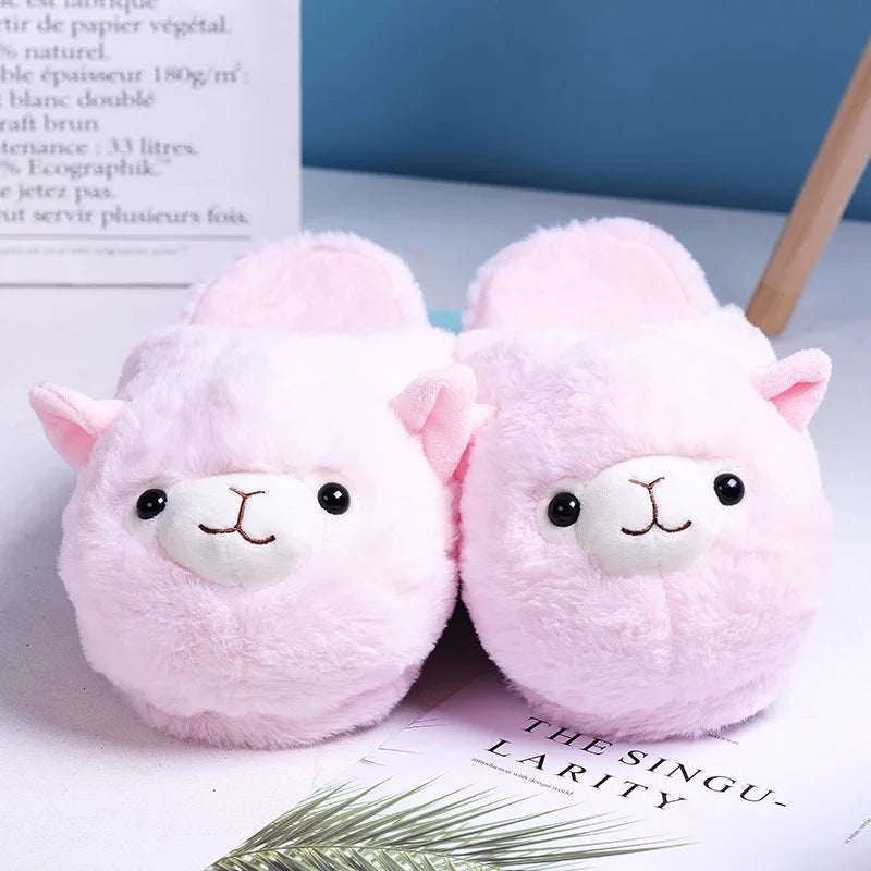 Cute Cartoon Alpaca Indoor Slippers Women Winter Home Floor Shoes Female Warm Faux Fur House Slipper Soft Sole Slides SH466