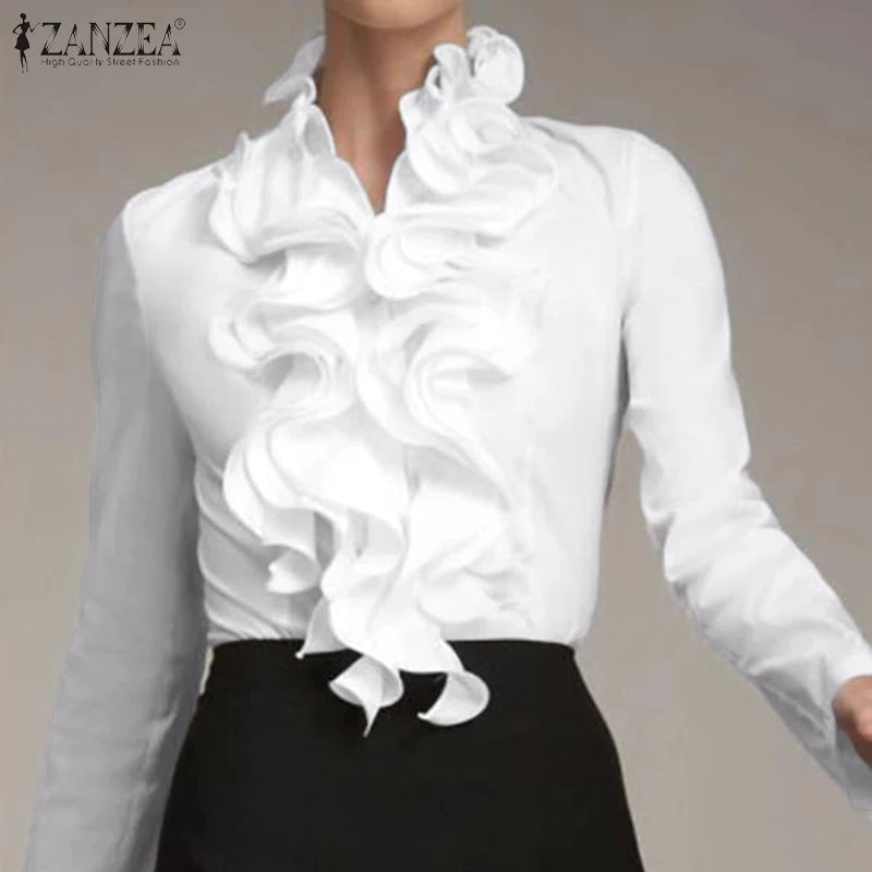 Ladies Chic Tunic Tops Spring Office Ruffles Shirts Women Long Sleeve Elegant Work Flounce Blouse