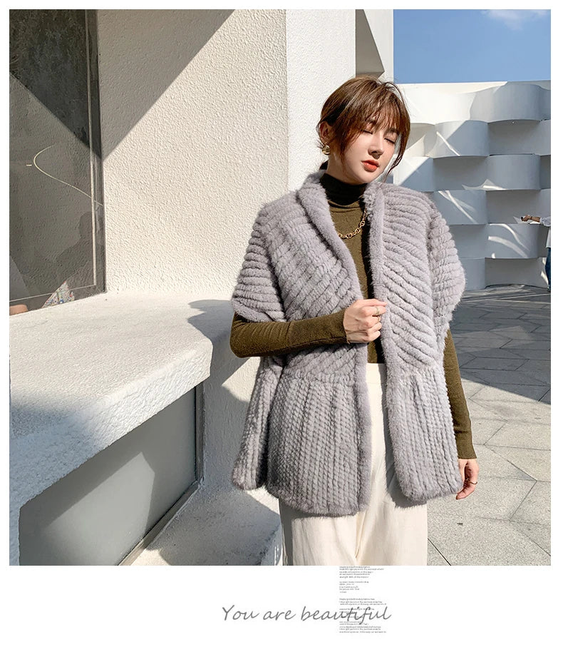 2020 Women Knitted Mink Fur Shawl 100% Real Fur Capes Sapphire Grey Lady Winter Imported Mink Fur Scarf NeckWear Wraps Mufflers