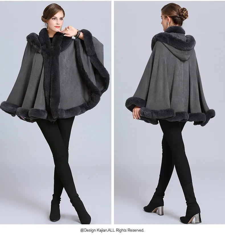 5 Color Winter Thick Warm Grey Black Poncho Cape Women Faux Fur Neck Knitted Cloak Big Pendulum Loose Cardigan Coat With Hat