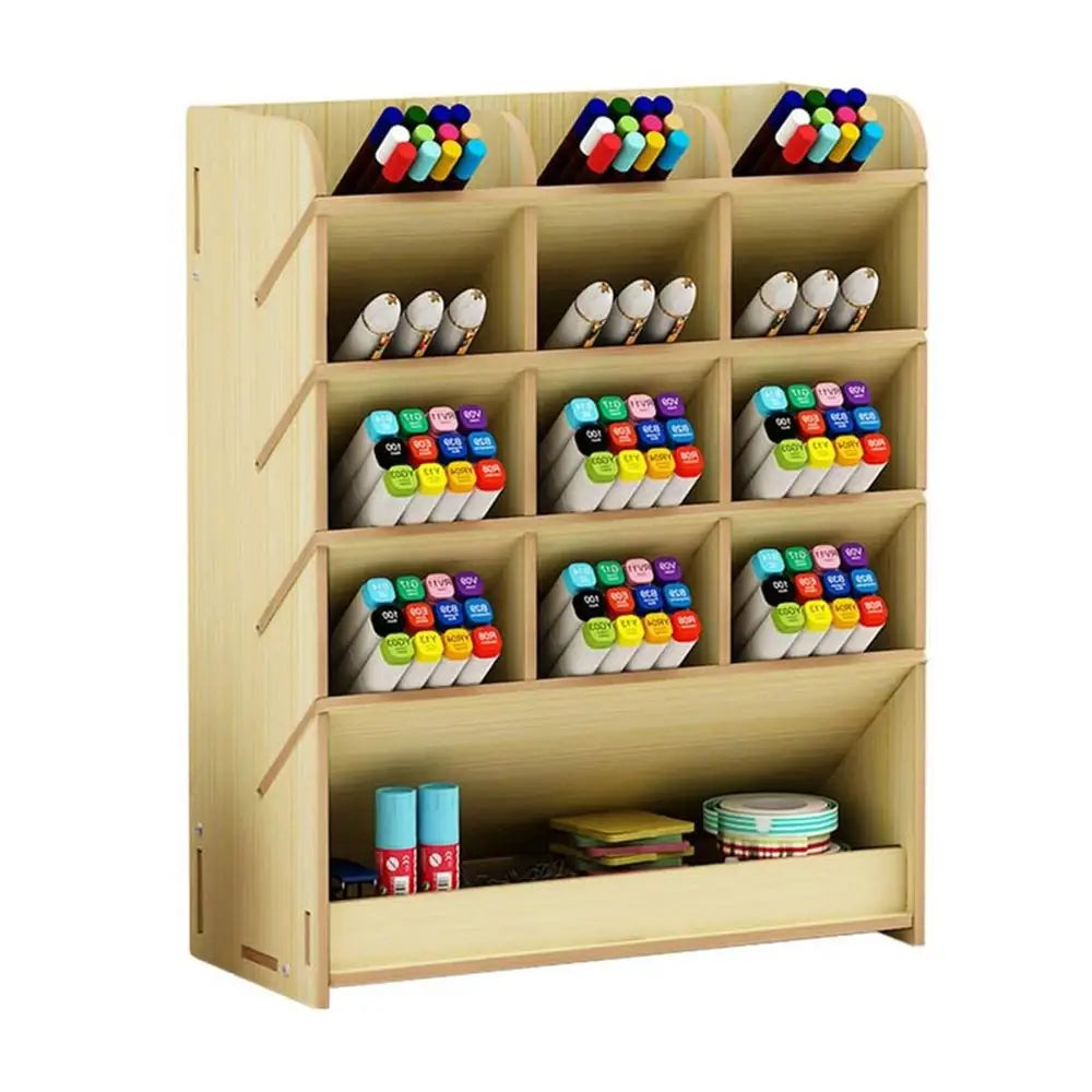 Wooden Desk Organizer Multi-Functional Pen Pencil Crayon Holder Storage Rack Box for Office School Home Supplies