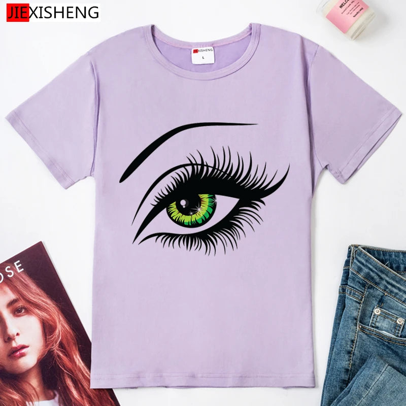 2021 Summer T shirt Women Tops Tees Short Sleeve Cotton Big Eyes Print Tshirt Funny T-shirt Woman Clothes