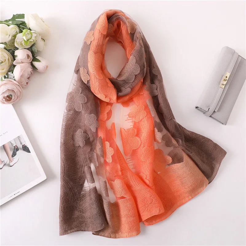 Women Simulation Silk Cut Flower Scarf Scarves Girls Embroidery Wild Sunscreen Shawl Adult Long Embroidered Lace Scarfs