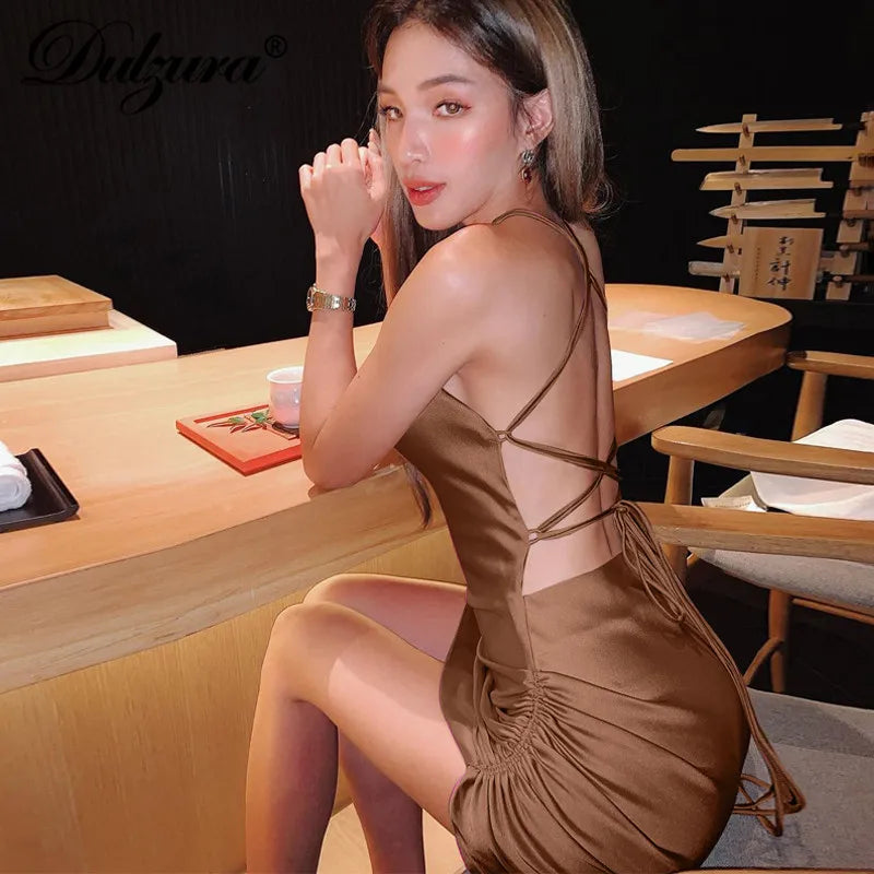 Satin Women Strap Mini Dress Ruched Lace Up Cross Bandage Backless Bodycon Sexy Party Elegant 2024 Club Christmas Slim