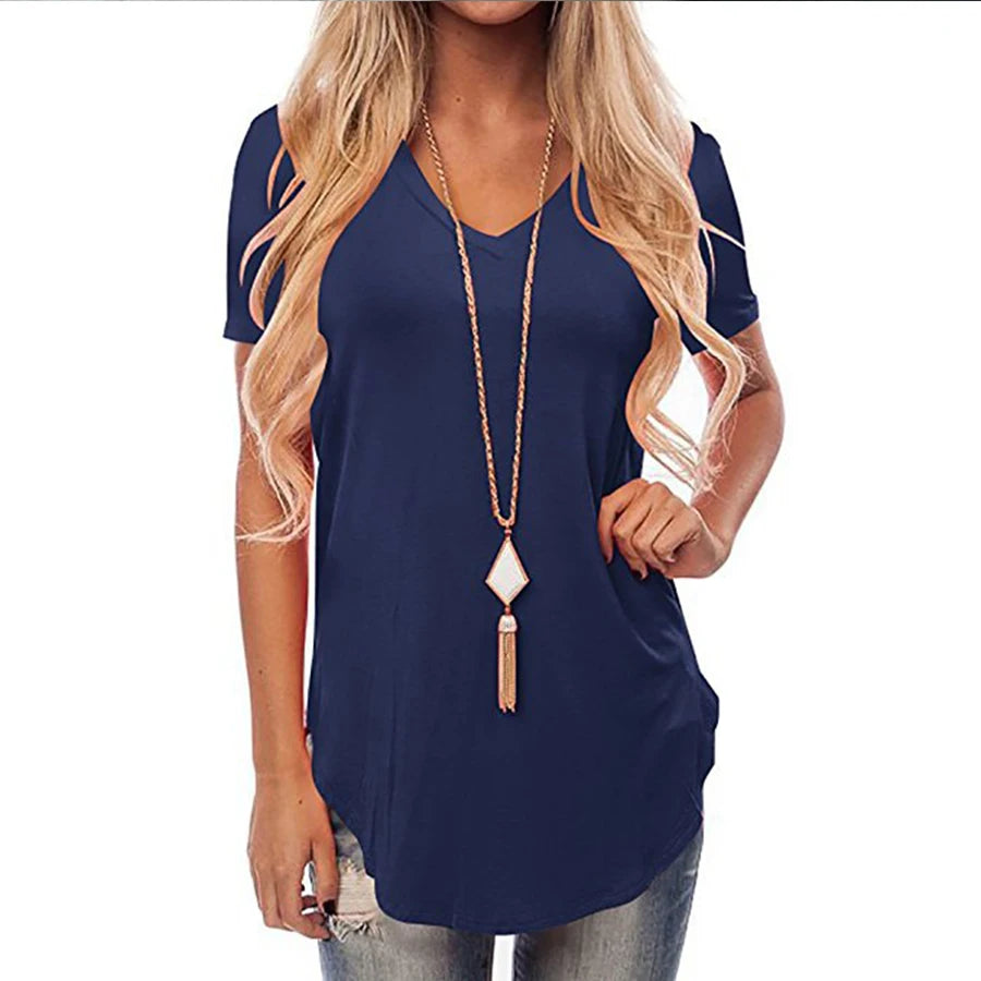 Curve Comfort T-Shirt: V-Neck, Short Sleeve, Rounded Hem—Summer Casual Elegance in Large Sizes.