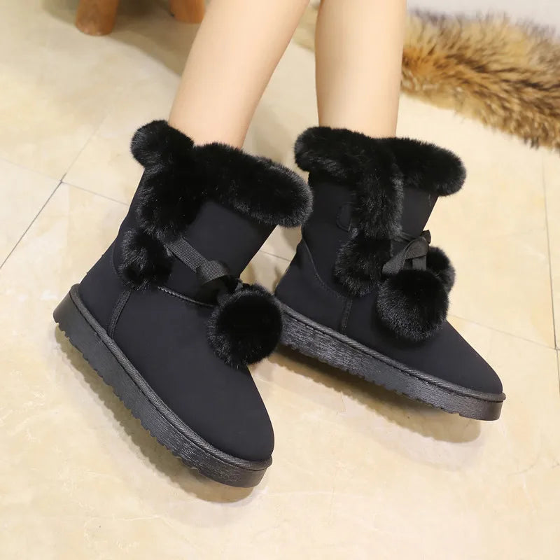 Warm Fur Women Snow Boots Suede Winter Shoes Fur Ball Mid-Calf Boots Female Fashion Boots Non-Slip Snow Casual botas de mujer