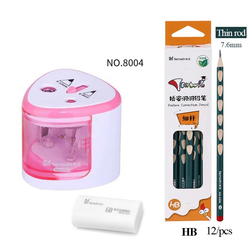 Tenwin Electric/Manual Pencil Sharpener & Posture Correction Pencils HB/2B Stationery Two-hole Automatic pencil sharpener 8004