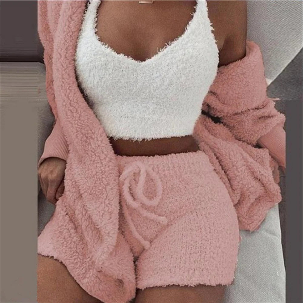 Women's Winter Plush Home Wear Casual 3-piece Pajamas Long-Sleeved Umbilical Vest Shorts Suit