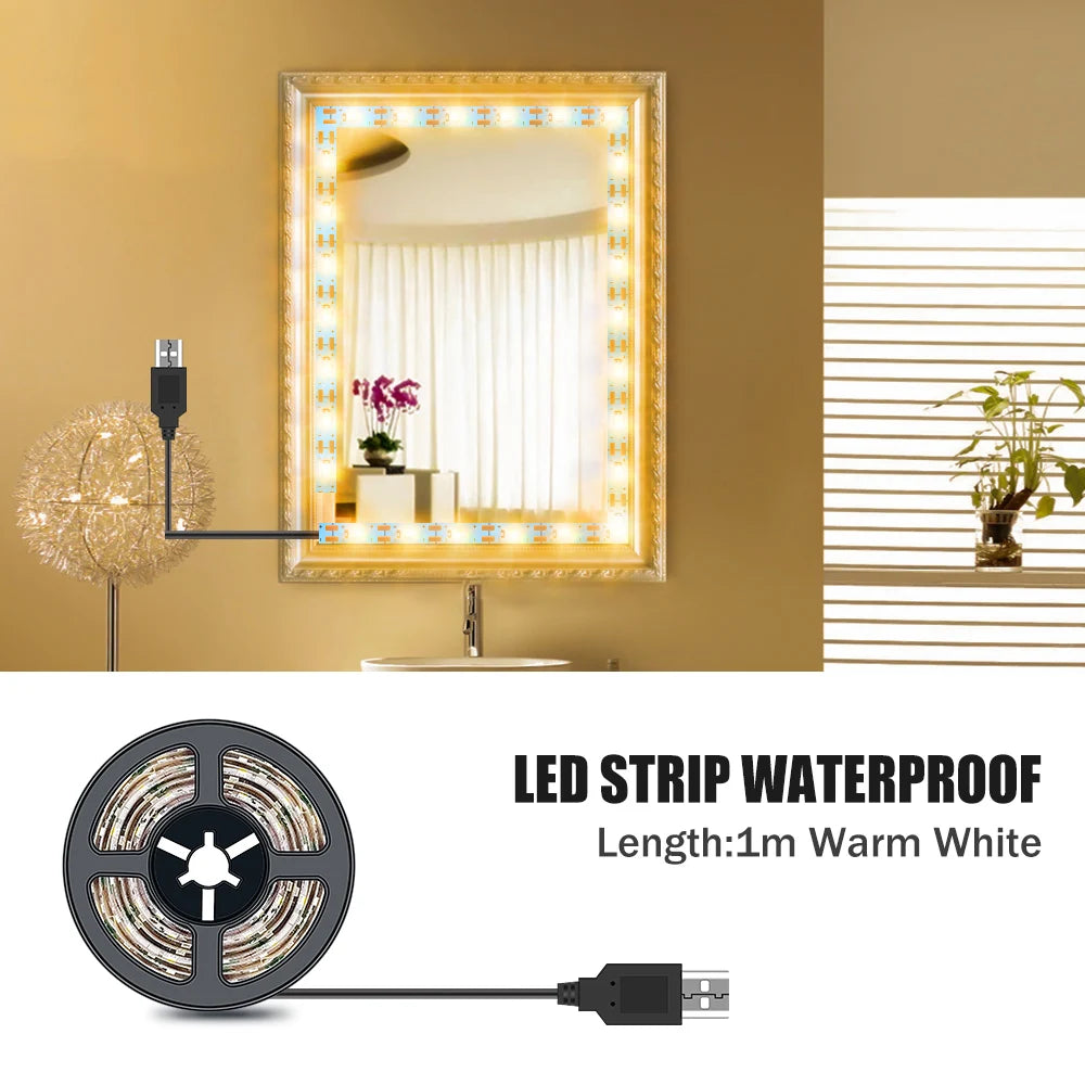 LED Make up Mirror Light Strip USB Hollywood Vanity Mirror Lamp Tape Bathroom Dressing Table Lighting Dimmable LED Wall LampTape