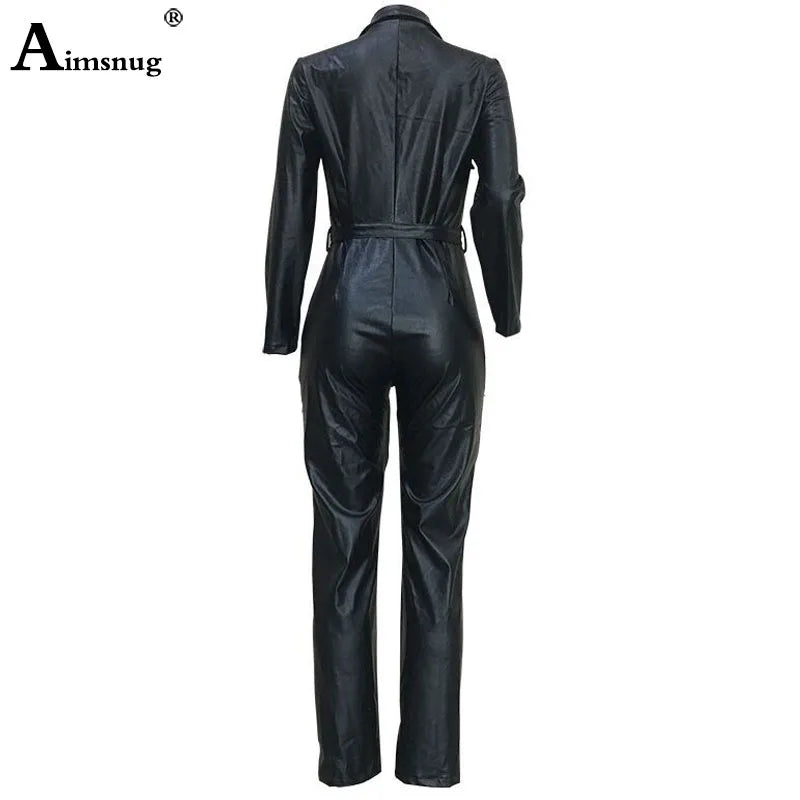 Damenmode High Waist PU Leder Jumpsuits Schnürung Skinny Bodysuits Mädchen Reißverschluss Kunstleder Frühling Winter Sexy Overalls