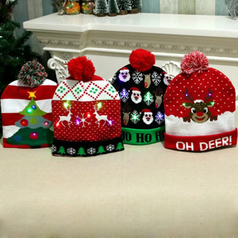 Knitted LED Christmas Hat  Beanie Light Up Illuminate Warm Hat Christmas Tree Snowman Kids Adults New Year Christmas Decor