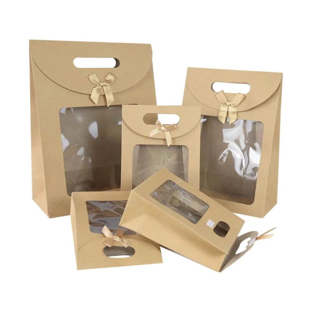 20/16cm Kraft Paper Portable Gift Bag PVC Clear Window Packaging Bags for Small Business Birthday Christmas Gift Wrapping