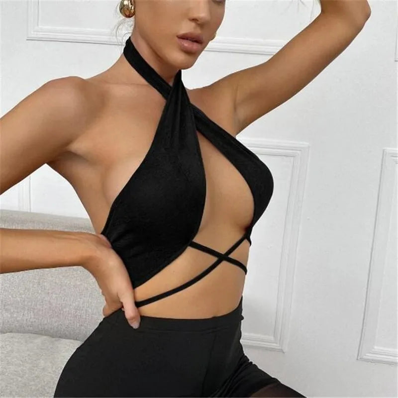 2024 Hot Sale Summer Chic Cropped Slim Streetwear Women's Bandage Halter Sexy Backless Crop Tops Black Tanks Tops Party Clubwear