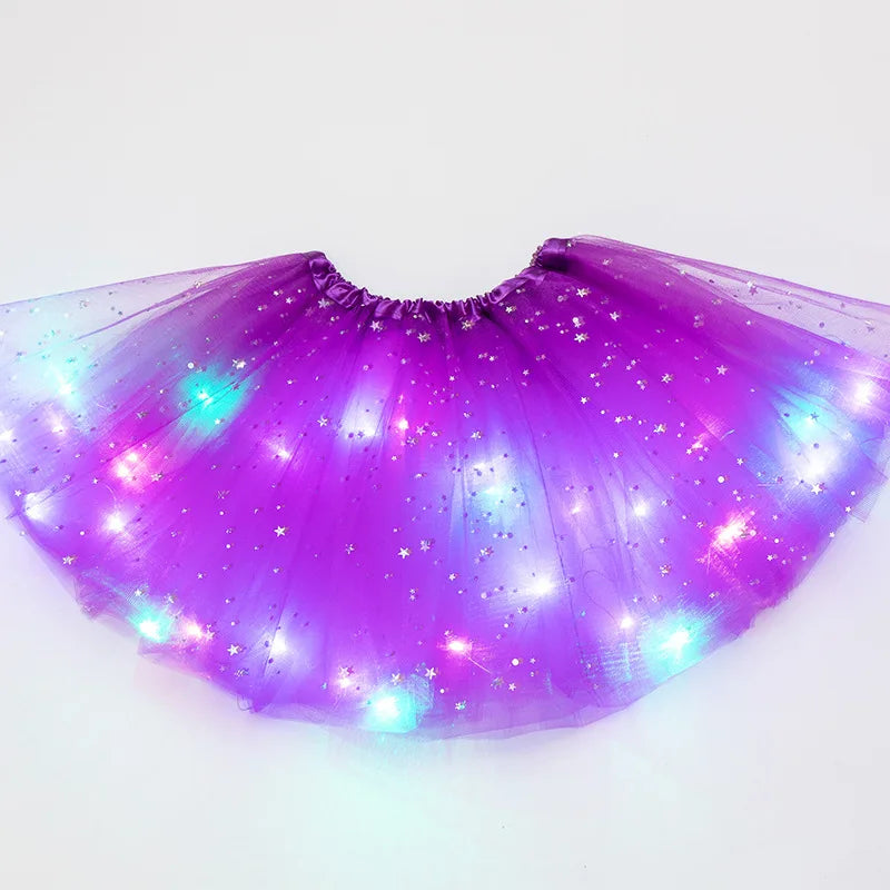 LED leuchtendes Licht Damen Tüllrock mit Stern, kurzer Tutu-Minirock für Erwachsene, ausgefallene Ballett-Tanzkleidung, Party-Kostüm, Ballkleid, Minirock