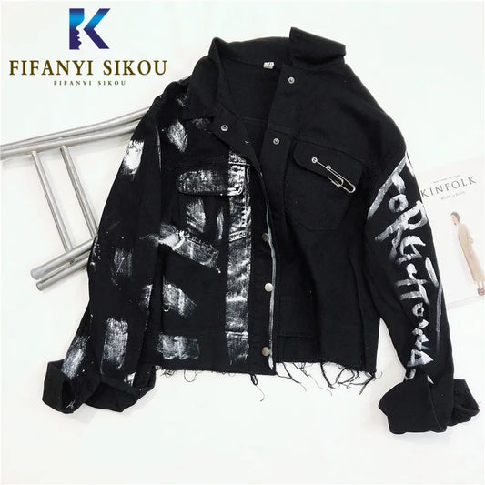 Streetwear Frauen Denim Jacke Mode Graffiti Print langarm Jeans Jacke Weibliche Lose Hip hop Jeans Mantel Harajuku Jacken