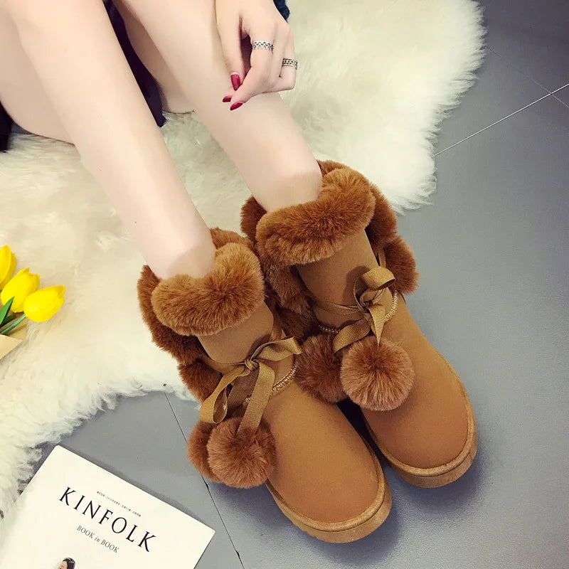 Warm Fur Women Snow Boots Suede Winter Shoes Fur Ball Mid-Calf Boots Female Fashion Boots Non-Slip Snow Casual botas de mujer