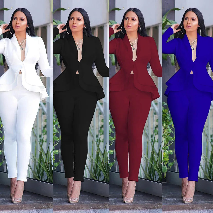 New Women Winter Women's Set Tracksuit Full Sleeve Ruffles Blazers Pencil Pants Suit Two Piece Set Office Lady Outfits Uniform