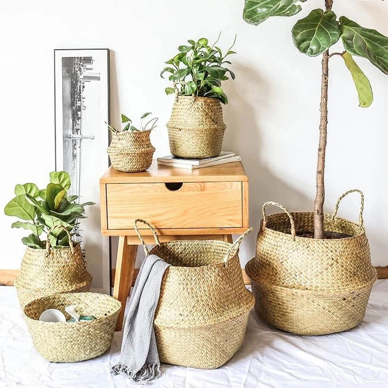 Zerolife Seaweed Wicker Basket Rattan Hanging Flower Pot Dirty Clothes Basket Storage Basket Cesta Mimbre Basket Picnic Basket