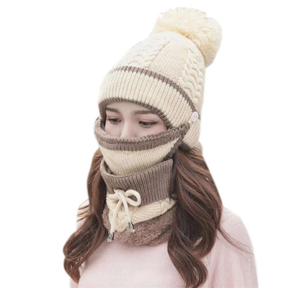 3PCS Womens Winter Scarf Hat Set Casual Ladies Outdoor Thickened Knitted Hat Scarf Cover Hat Winter Set