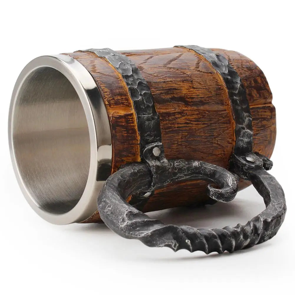 Viking Wood Style Beer Mug Simulation Wooden Barrel Beer Cup Double Wall Drinking Mug Metal Insulated 1PCS Bar Drinking Game