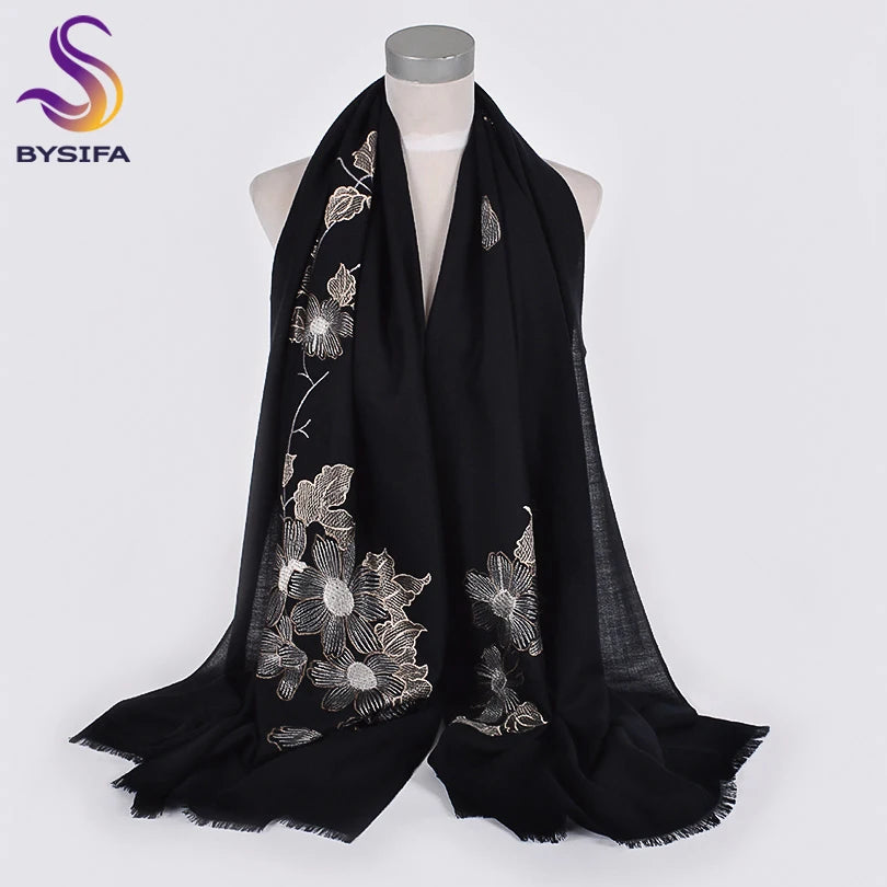 [BYSIFA] New Women 100% Wool Scarves Shawls Embroidered Fall Winter Solid Black White Ladies Long Scarves Hijabs Neck Scarf Wrap