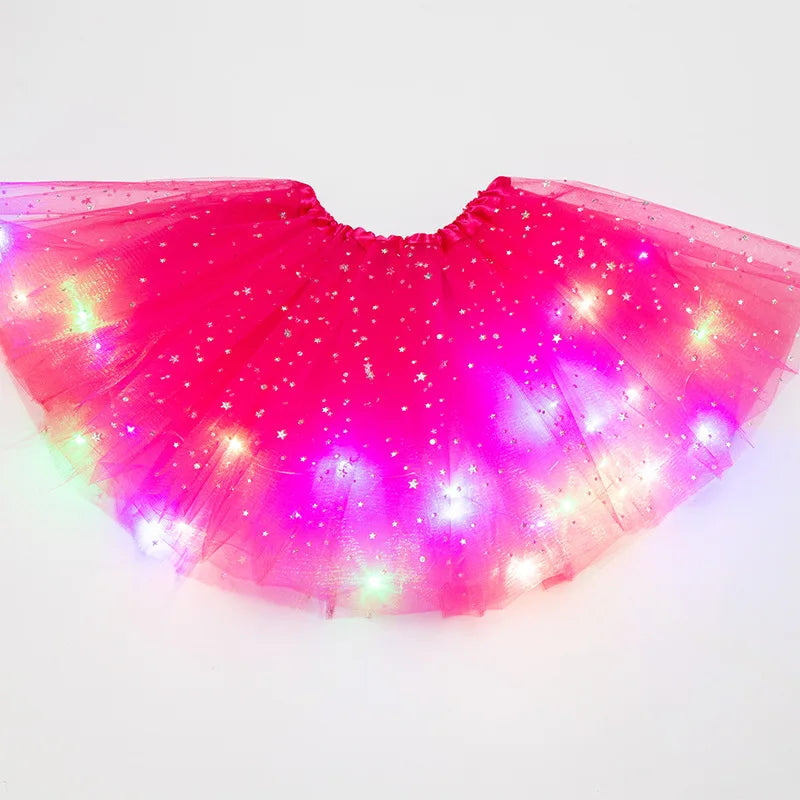 LED leuchtendes Licht Damen Tüllrock mit Stern, kurzer Tutu-Minirock für Erwachsene, ausgefallene Ballett-Tanzkleidung, Party-Kostüm, Ballkleid, Minirock