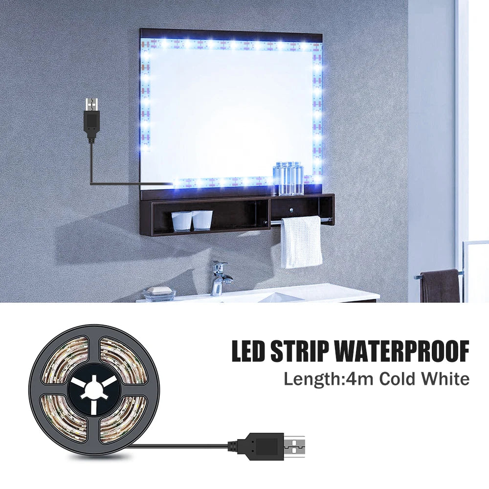 LED Make up Mirror Light Strip USB Hollywood Vanity Mirror Lamp Tape Bathroom Dressing Table Lighting Dimmable LED Wall LampTape