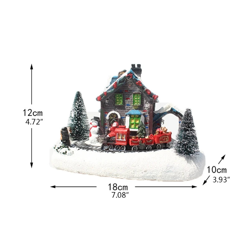 Glowing Christmas Small Train Village House, Luminous Landscape, Snow Figurines, Resin Desktop Ornament, Decoration, F19B