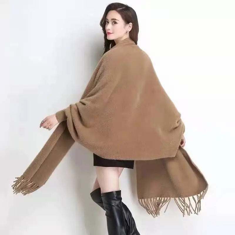 Winter Warm Long Knitted Faux Mink Velvet Thick Poncho Cape Cashmere Loose Women Batwing Sleeves Cardigan Shawl Tassel Cloak