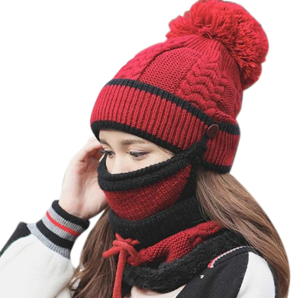 3PCS Womens Winter Scarf Hat Set Casual Ladies Outdoor Thickened Knitted Hat Scarf Cover Hat Winter Set