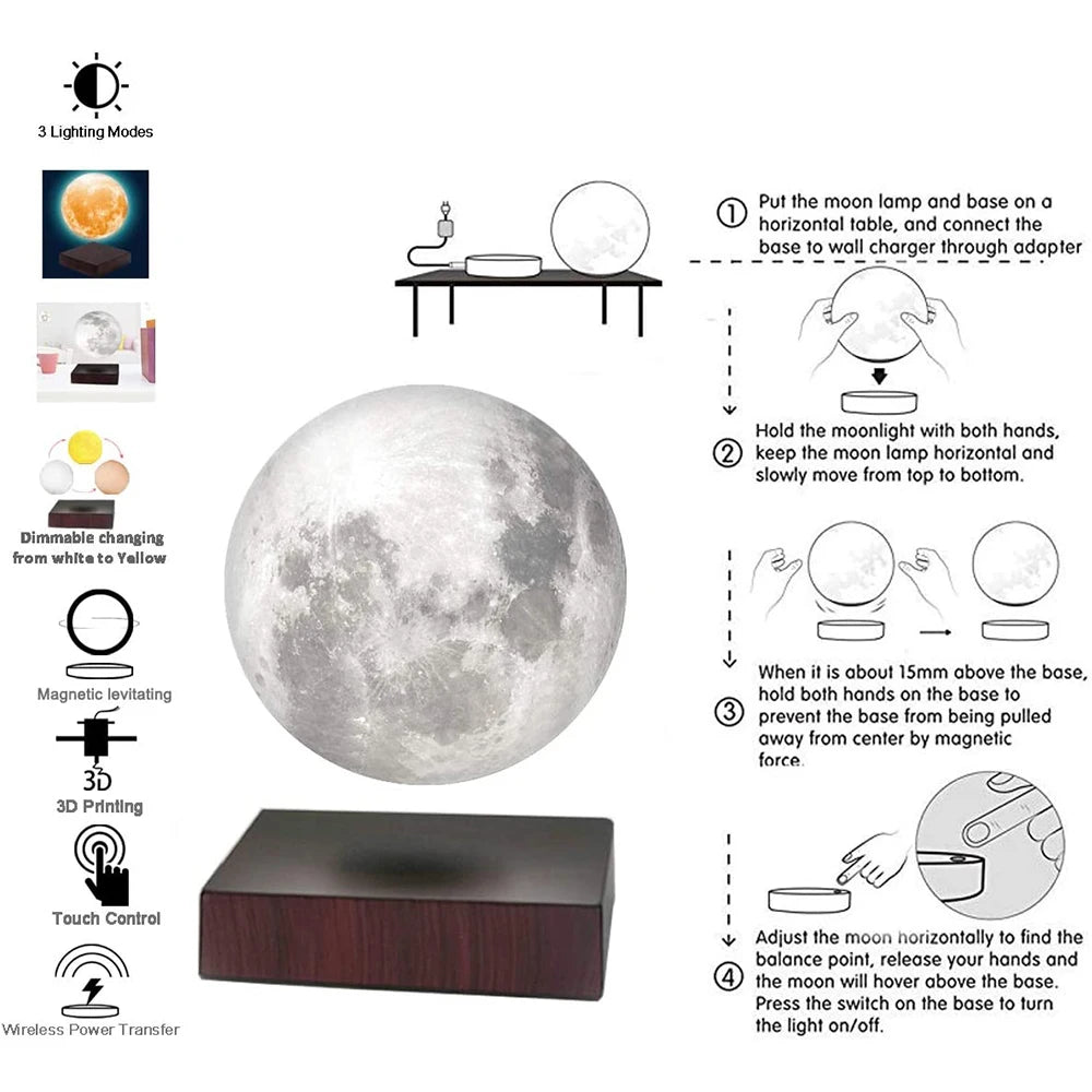 AC110V-220V Led  3D Moon Night Light Levitating Creative Touch Magnetic Levitation Lamp Rotating Moon Floating Desk Holiday Gift