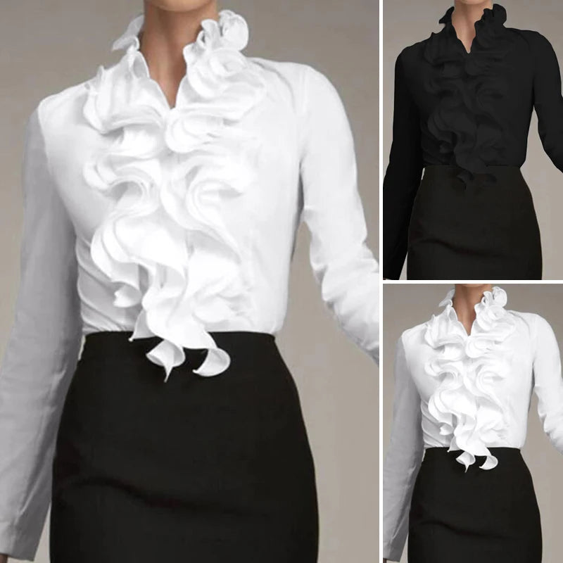 Ladies Chic Tunic Tops Spring Office Ruffles Shirts Women Long Sleeve Elegant Work Flounce Blouse