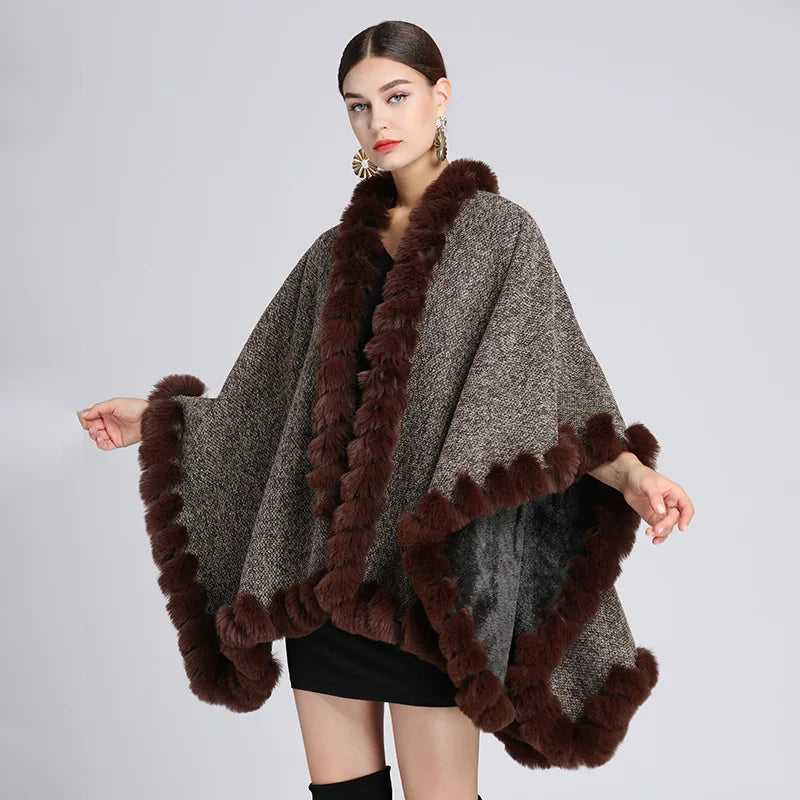 Thicken Faux Rex Rabbit Fur Cape Big Shawl Fashion Women Wraps Knit Cardigan Coat Velvet Lining Warm Cloak Fall Winter 1.1kgs