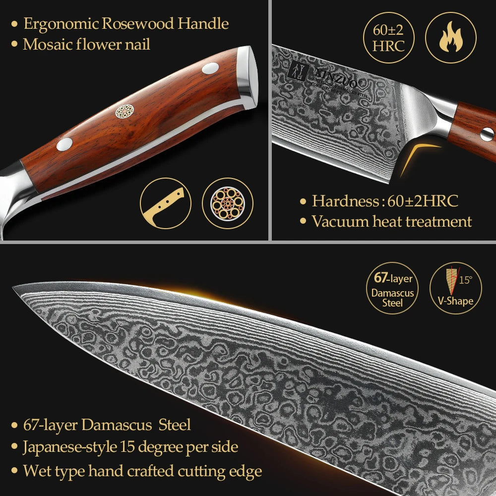 XINZUO 1PCS or 3PCS Kitchen Knife Sets Japanese Forged Damascus Steel Chef Santoku Knives Stainless Steel Rosewood Handle