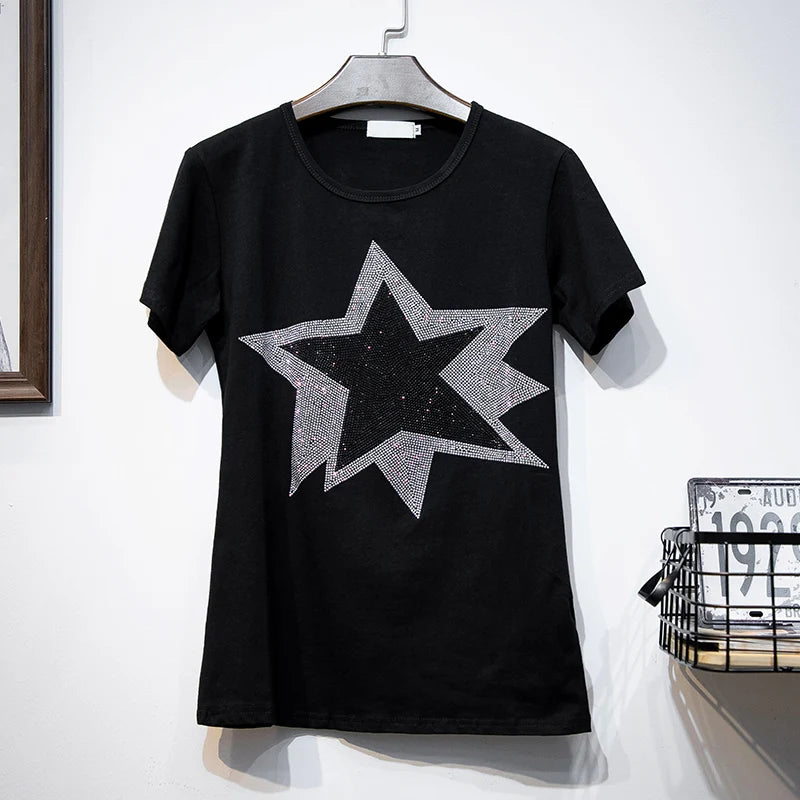 2024 Starry Night Tee: Kurzärmliges Sommer-T-Shirt aus Baumwolle, passende schwarze Freizeitkleidung mit heißem Rautenmuster für Damen.