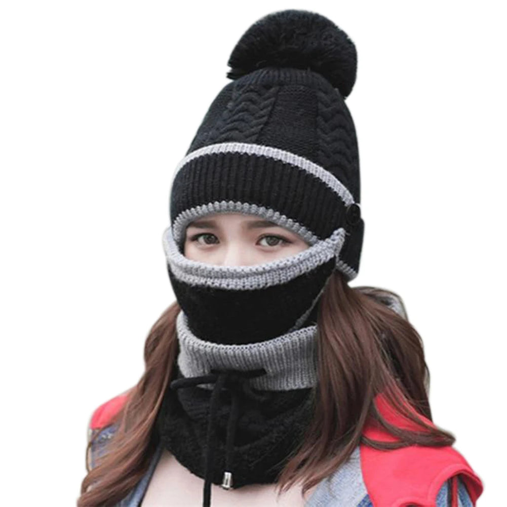 3PCS Womens Winter Scarf Hat Set Casual Ladies Outdoor Thickened Knitted Hat Scarf Cover Hat Winter Set