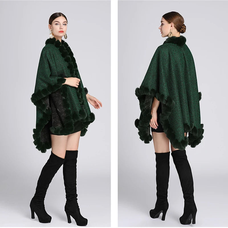 Thicken Faux Rex Rabbit Fur Cape Big Shawl Fashion Women Wraps Knit Cardigan Coat Velvet Lining Warm Cloak Fall Winter 1.1kgs