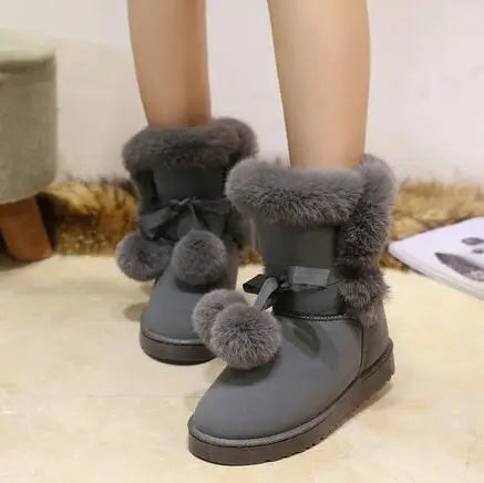 Warm Fur Women Snow Boots Suede Winter Shoes Fur Ball Mid-Calf Boots Female Fashion Boots Non-Slip Snow Casual botas de mujer