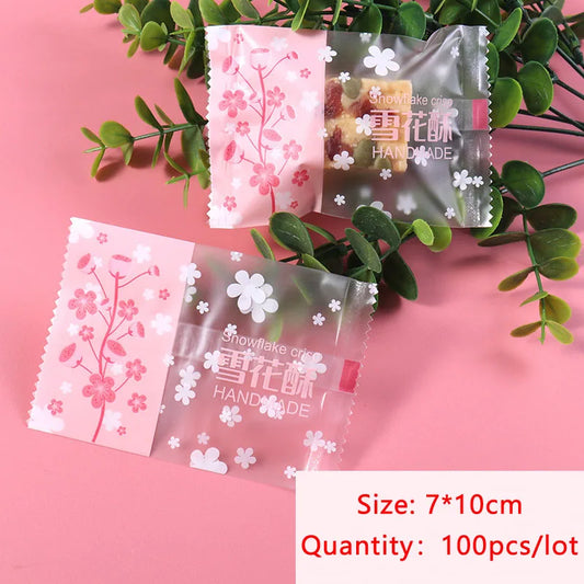 100pcs Snowflake Crispy Nougat Wrapping Bag Romantic Pink Flower Willow Branches Wreath Transparent Window Cookies Goodie Bags