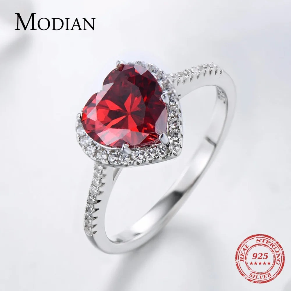 Modian 100% Real 925 Sterling Silver Red Heart Ring 5A CZ Zirconia Wedding Jewelry brand Engagement Hearts Rings for Women Gift